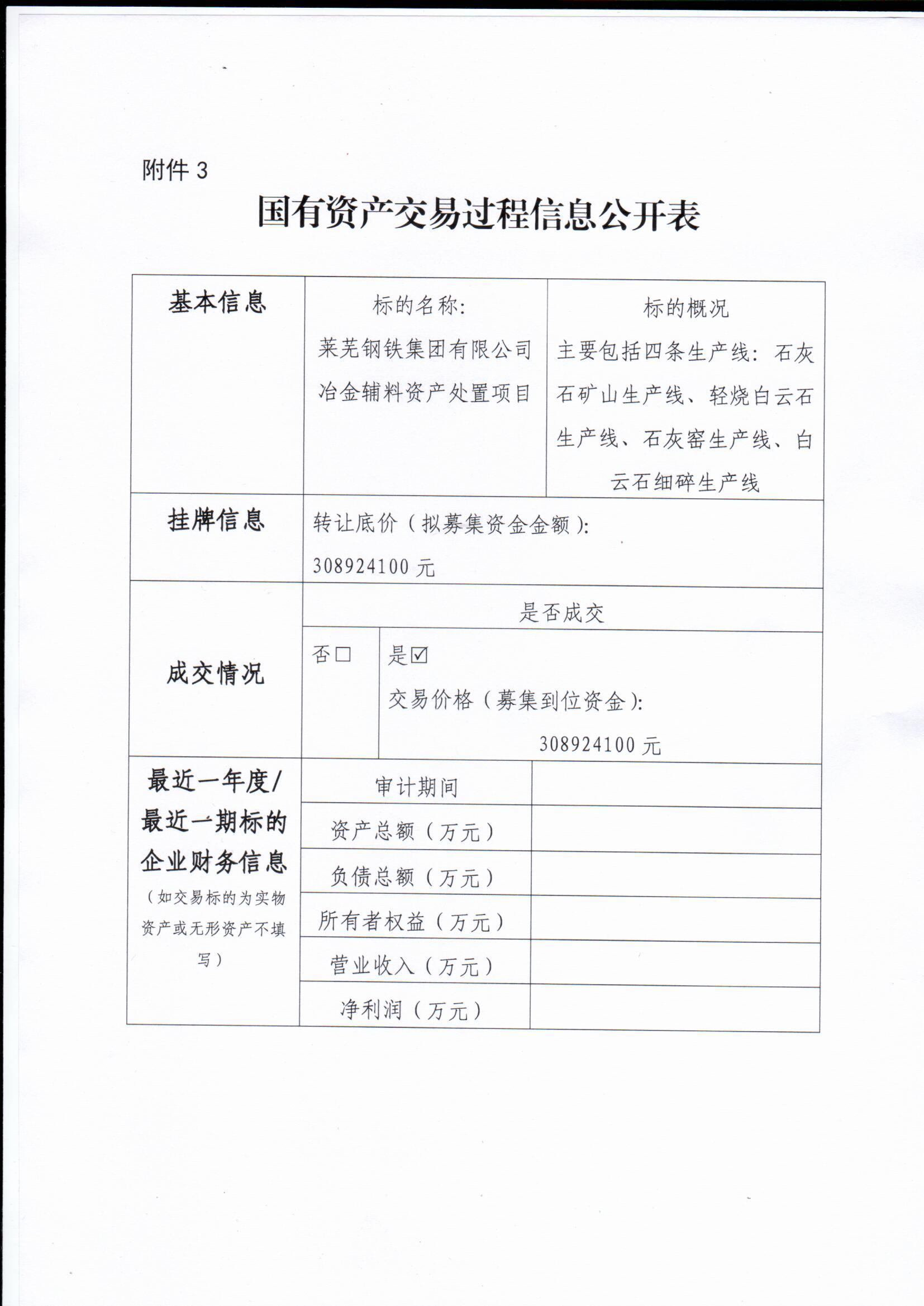 國有資產(chǎn)交易過程信息公開表（萊鋼集團(tuán)冶金輔料資產(chǎn)處置項(xiàng)目)